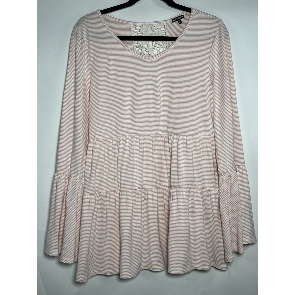 Hannah Pink & Ivory Striped Tunic Blouse Size S‎ Crochet Back Bell Sleeve